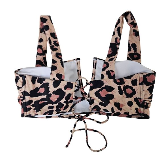Womens High-Waisted Cheetah Print Bikini Set V-Neck Top & Stretchy Fit Size L - Picture 5 of 9